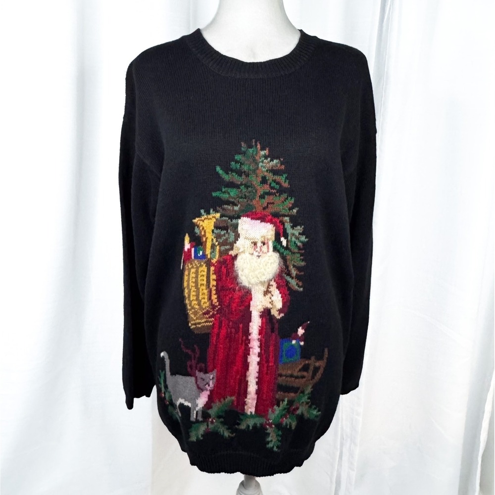 Vintage 1994 Susan Bristol Christmas Sweater Womens L Santa 3D Ramie Cotton EUC